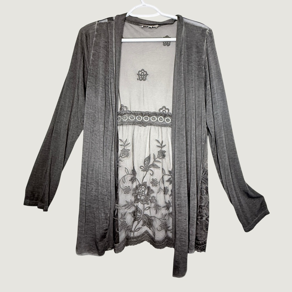 Loggia de Tessitori Italy Gray Sheer Floral Embroidered Open Front Cardigan L